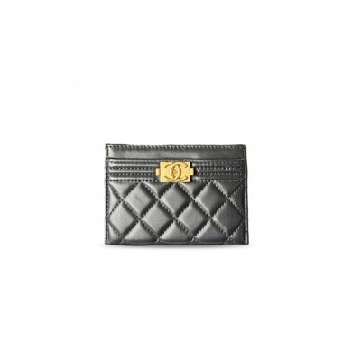 CHANEL BOY CARD HOLDER GOLD METAL BLACK A84431 (11*7.5*1cm)